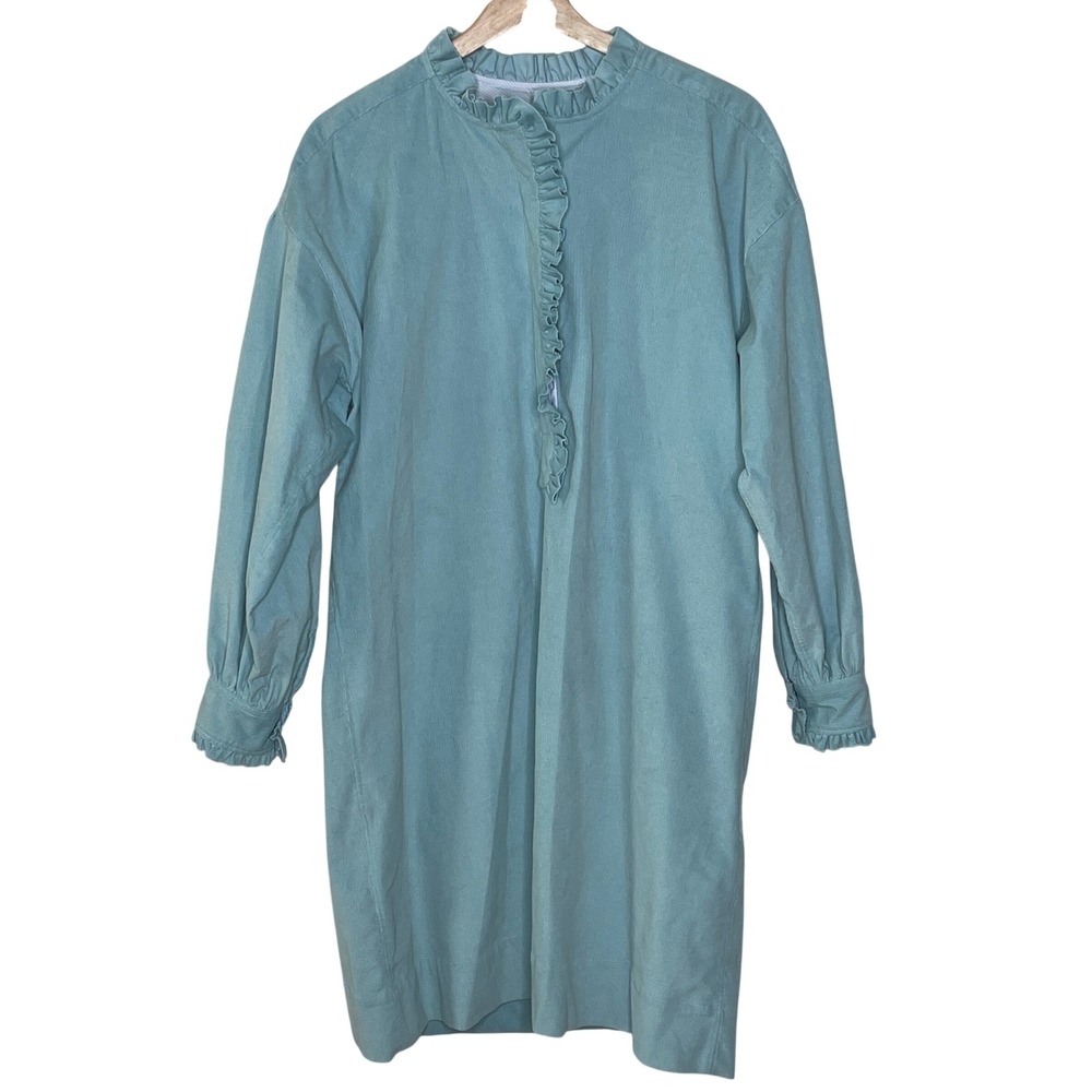 Ann Mashburn Teal Corduroy Ruffle Neck Long Sleeve Shirt Dress M